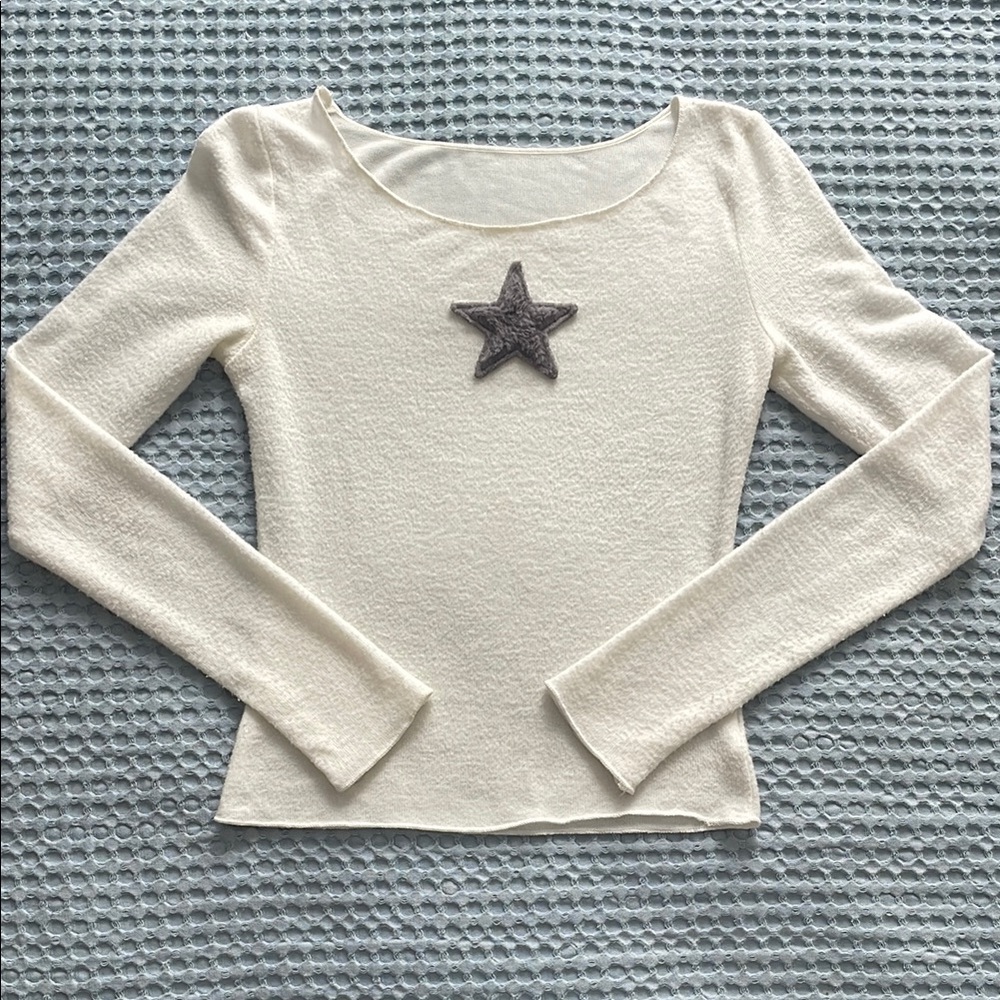 Cream Long Sleeve Textured Knit Top with Furry Star